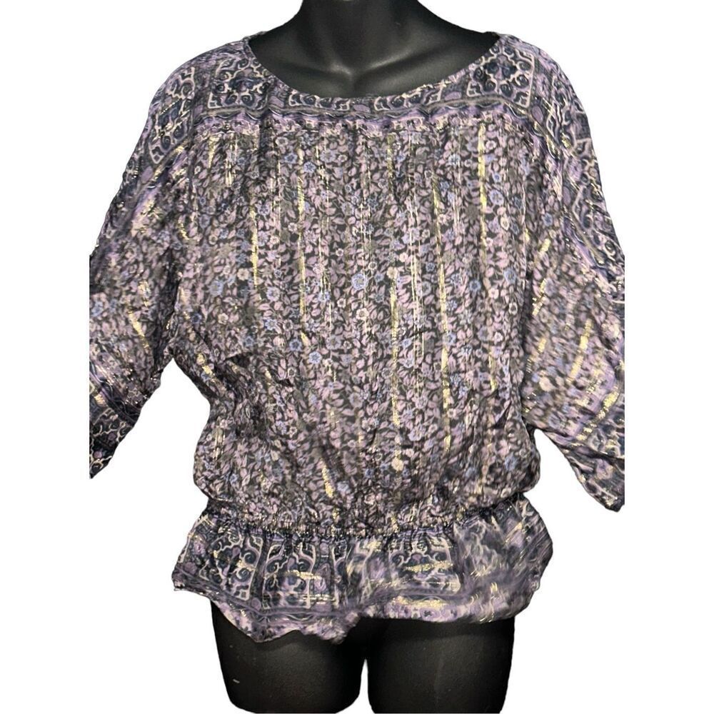 Beautiful Soft Joie Silk Top Womens Large Purple Floral Metallic Stripe Kimono S